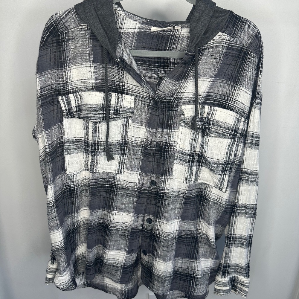 SO Brand Black & White Plaid Flannel with Hood-Size Large